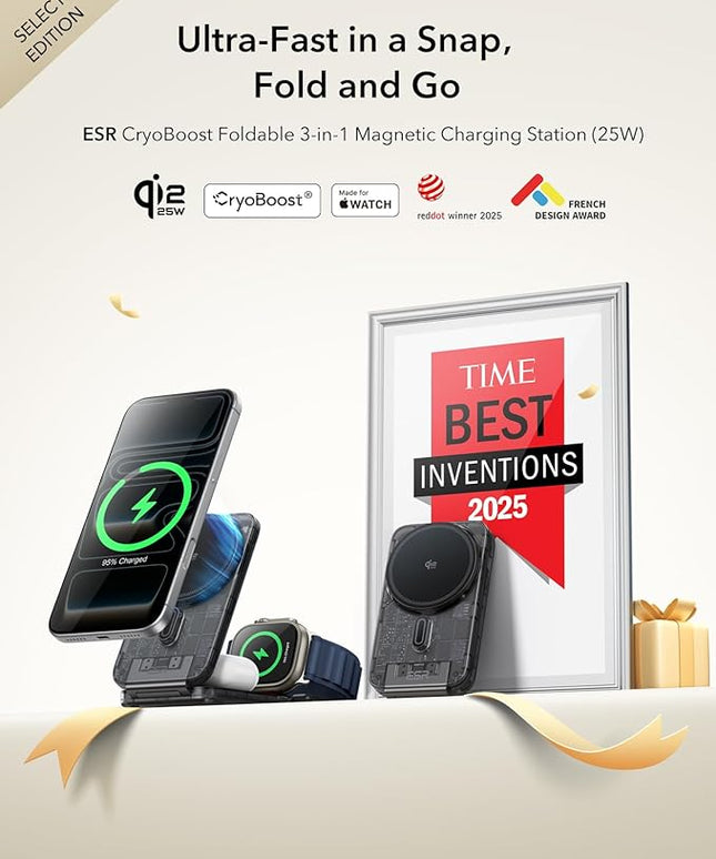ESR 3 in 1 Charging Station for Apple, Qi2.2 25W MagSafe Charger with CryoBoost, Phone-Cooling Wireless Charging Station, Foldable, for iPhone 17/16 with iOS 26, AirPods, Apple Watch, Frosted Graphite