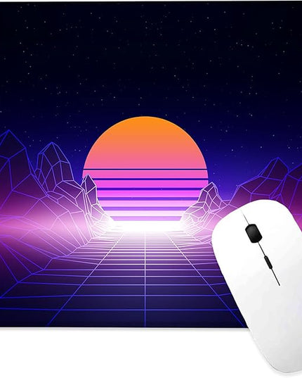 Neon Wireframe Sunset Mountain Mouse Pad Square Mouse Mat Non-Slip Rubber Base Mousepad with Stitched Edge, Portable MousePads for Desk Computers Laptop Office, 9.5x8 Inches