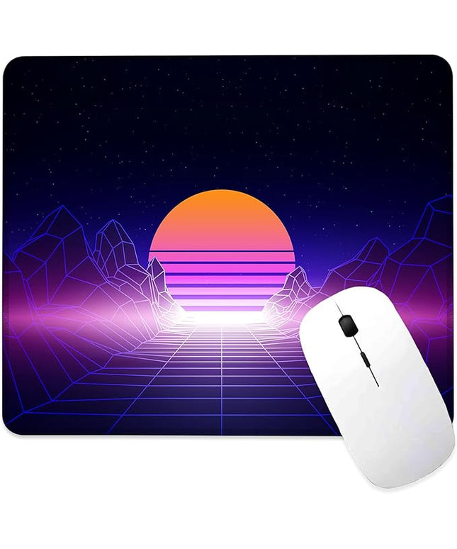 Neon Wireframe Sunset Mountain Mouse Pad Square Mouse Mat Non-Slip Rubber Base Mousepad with Stitched Edge, Portable MousePads for Desk Computers Laptop Office, 9.5x8 Inches