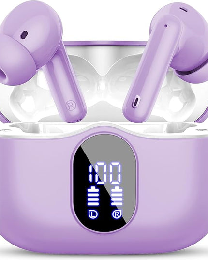 Wireless Earbuds, Bluetooth 5.4 Headphones Bass Stereo, Ear Buds with Noise Cancelling Mic, LED Display in Ear Earphones Clear Calls, IP7 Waterproof Bluetooth Earbuds for Laptop/Phones/Sports, Purple