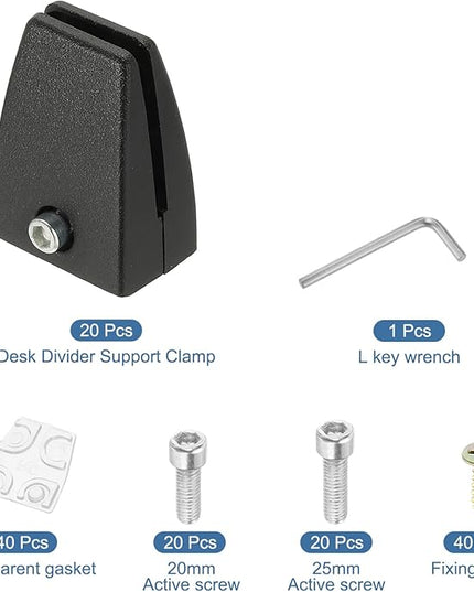PATIKIL 20 Pcs Office Desk Partition Support Bracket, Aluminum Alloy Sneeze Guard Support Clamps Desktop Divider Clips for Offices Stores Counter Privacy Panel, Black