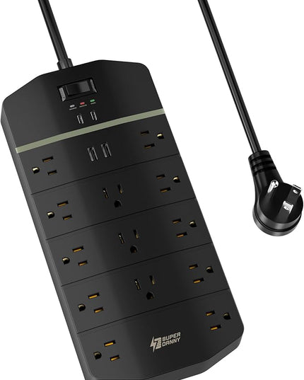 SUPERDANNY 15A Power Strip Surge Protector 5000 J with 13 AC Outlets 2 USB-A & 2 USB-C PD 20W Fast Charging Heavy Duty 14AWG/3C Industrial Grade 10ft Extension Cord for Workbench Home Office Black