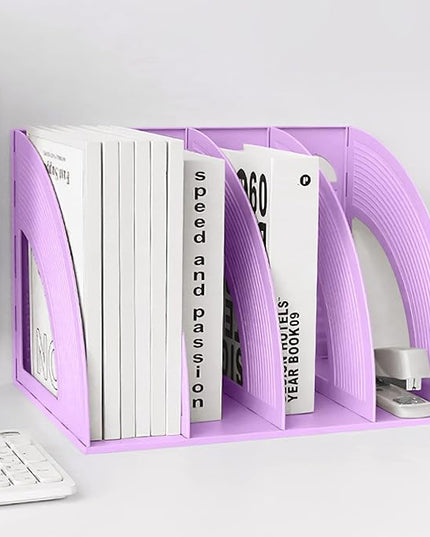 SAYEEC Sturdy Magazine Holder 4 Compartments Plastic Desktop File Organizer File Dividers Office Organizer Storage Document Magaizne Rack Display Box (Purple)