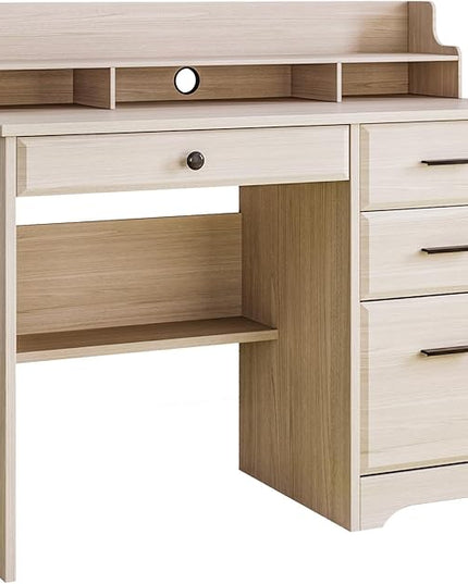 4 EVER WINNER Small Desk with Drawers, Computer Desk with File Cabinet & Monitor Stand, Home Office Desks with Drawers, Wood Writing Desk for Bedroom, Off White