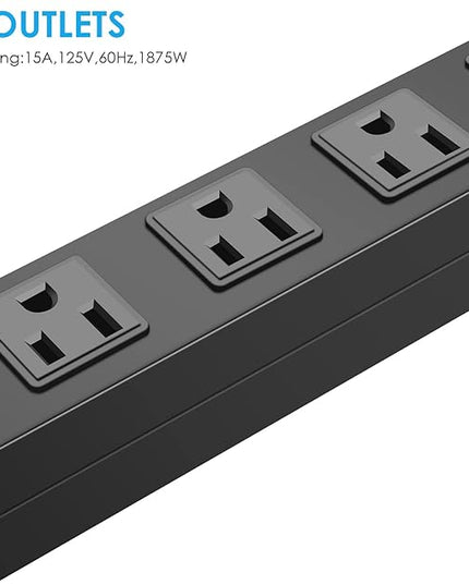 Metal Wall Mount Power Strip, Mountable Power Outlet with 6 AC Outlets, Aluminum Alloy Mount Power Socket with Switch, 3 FT SJT 3/C 14AWG Power Cord, 15A 125V 1875W (6AC) Black
