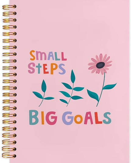 Pink Floral Inspirational Spiral Journal Notebook 5.5x8.3in, Small Steps Big Goals Mental Health Journal for Women, Motivational Notebooks for Note Taking, Pink Flower Hardcover Notebook