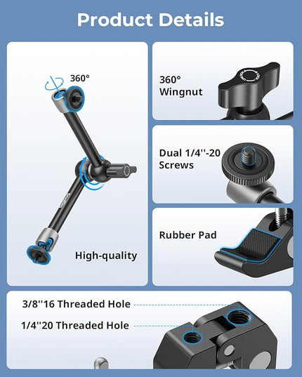 SmallRig Clamp w/ 1/4" and 3/8" Thread Holes, 9.8 Inches Adjustable Friction Power Articulating Magic Arm with Phone Holder for Action Cameras, Smartphones, LCD Monitor/LED Lights - 5326