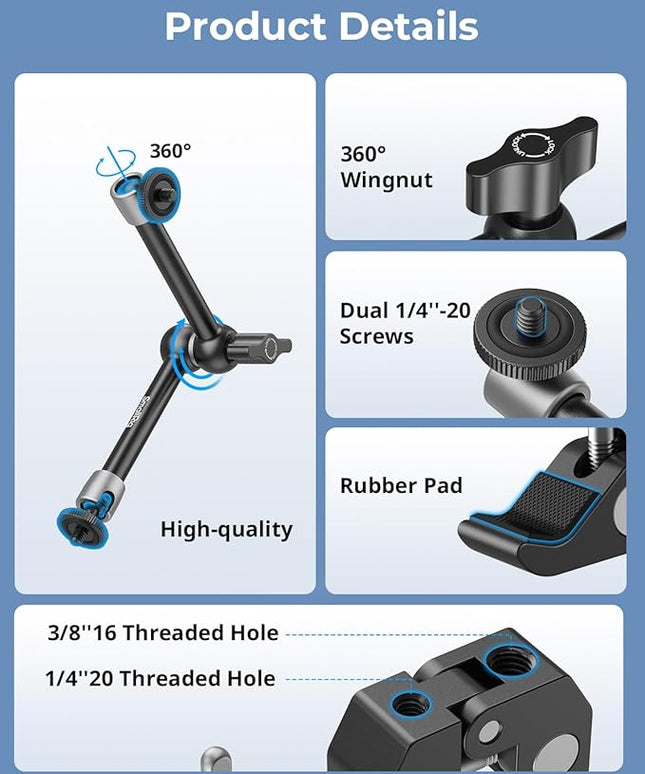 SmallRig Clamp w/ 1/4" and 3/8" Thread Holes, 9.8 Inches Adjustable Friction Power Articulating Magic Arm with Phone Holder for Action Cameras, Smartphones, LCD Monitor/LED Lights - 5326