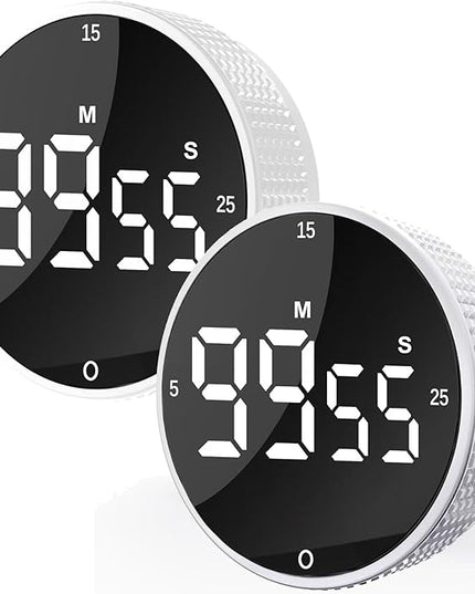 Upgrade Digital Kitchen Timer - 2 Pack Magnetic Countdown Countup Visual Pomodoro Timer with Large LED Display, 3-Preset Times, 3 Volume Levels, Ideal for Cooking, Baking and Fitness (2, White)