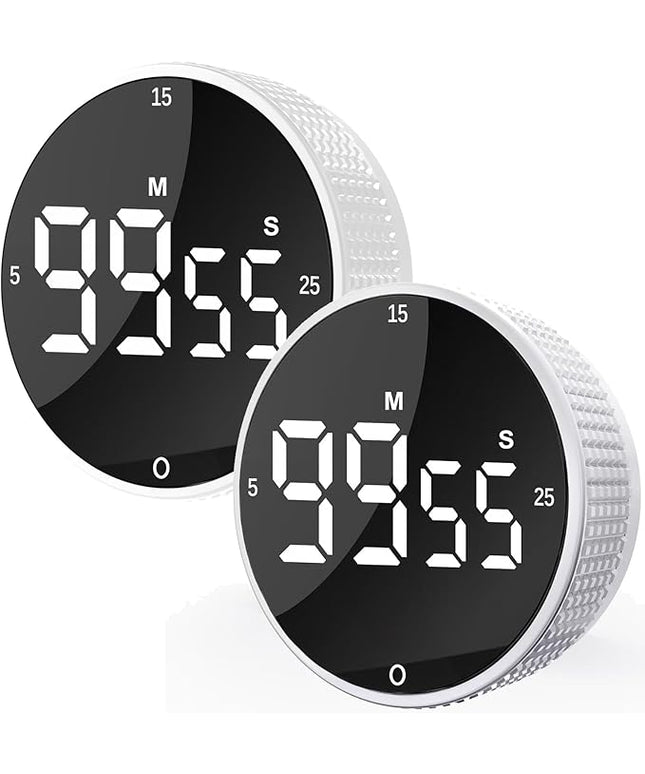 Upgrade Digital Kitchen Timer - 2 Pack Magnetic Countdown Countup Visual Pomodoro Timer with Large LED Display, 3-Preset Times, 3 Volume Levels, Ideal for Cooking, Baking and Fitness (2, White)