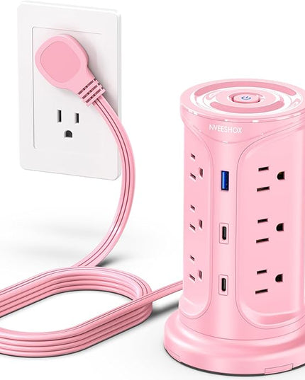 Tower Power Strip Surge Protector with 12 Outlets 3 USB Ports(2 Type C), 6.5 FT Ultra Flat Extension Cord with Multiple Outlets, Flat Plug Outlet Extender with Screw Wall Mount for Home Office Dorm