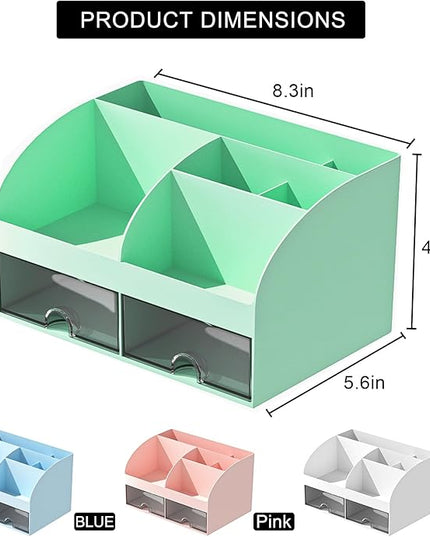 COMFYROOM Desk Organizer with 6 Compartments and 2 Drawers, Plastic Makeup Organizer, Pen Holder for Desktop Storage, Desk Organization for School, Home, Office Supplies (Mint Green)