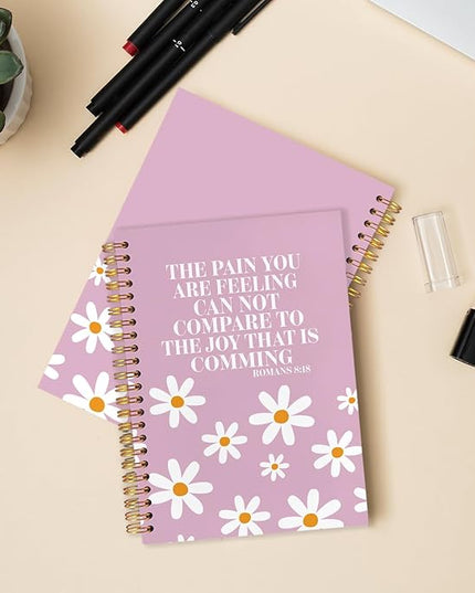Pink Floral Christian Spiral Journal Notebook 5.5x8.3in, Romans 8:18 Bible Scripture Journal, Inspirational Christian Notebooks for Note Taking, Religious Hardcover Notebook