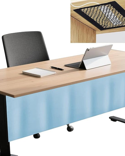 Icegrey 68" Under Desk Privacy Panel with Cable Management Organizer Net Self-Adhesive Modesty Panel for Cord Organizer Pockets and Desk Skirt for Home Office or Standing Workstation, Blue