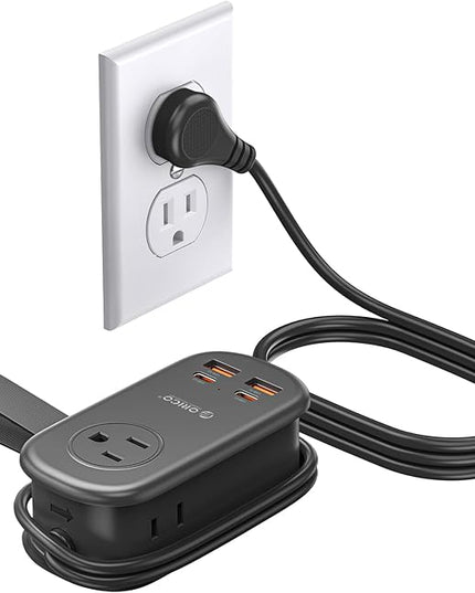 ORICO 65W GaN Travel Power Strip with 7-in-1 Charging Ports (3 AC Outlets/2 USB-A/2 USB-C), Flat Plug and 4FT Extension Cord, Fast Charger for MacBook Pro/Air, iPad Pro, iPhone 17/16/15 -AP3
