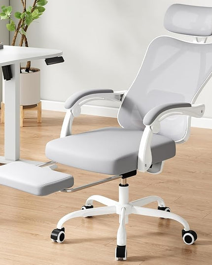 Ergonomic Office Chair, Grey Mesh and Nylon, High Back Computer Chair with Adjustable Headrest, Lumbar Support, Rocking Function, 350 lbs Capacity for Home Office