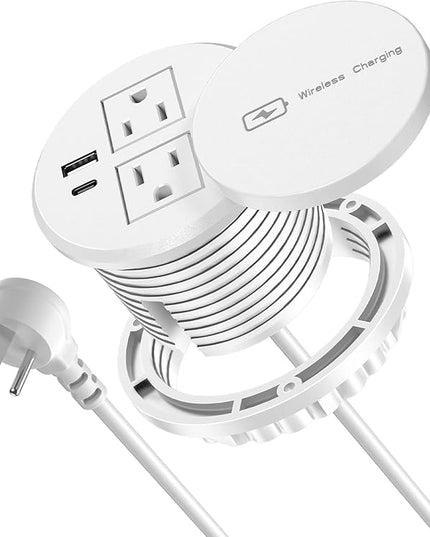 3 Inch Desk Hole Recessed Power Grommet with 15W Wireless Charger Cover, 2 USB-A Countertop Grommet Mount Power Outlet, with AC Outlets and 6ft Extension Cord