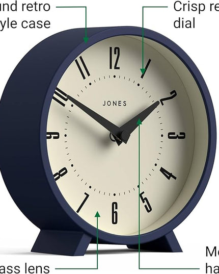 JONES CLOCKS® Venus Desk Clock | Modern Round Design | Blue | Stylish Retro Look for Shelf, Table, Mantel or Bedside