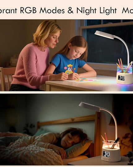 WILIT LED Desk Lamps for Home Office with Pen Holder, Table Lamp for Bedroom with USB Charging Port & Clock, RGB Night Light, Study Lamp for Kids Student, Desk Lamp for College Dorm Room Essentials