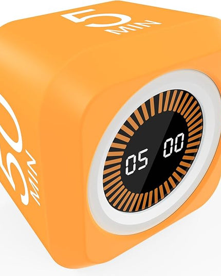 FCXJTU Rotating Cube Pomodoro Visual Timer 5, 25, 10 50 Minutes Preset, Rechargeable Desk Productivity Flip Custom Countdown Timer w/Silicone Cover, Silent Mode for ADHD Study, Work, School(Orange)