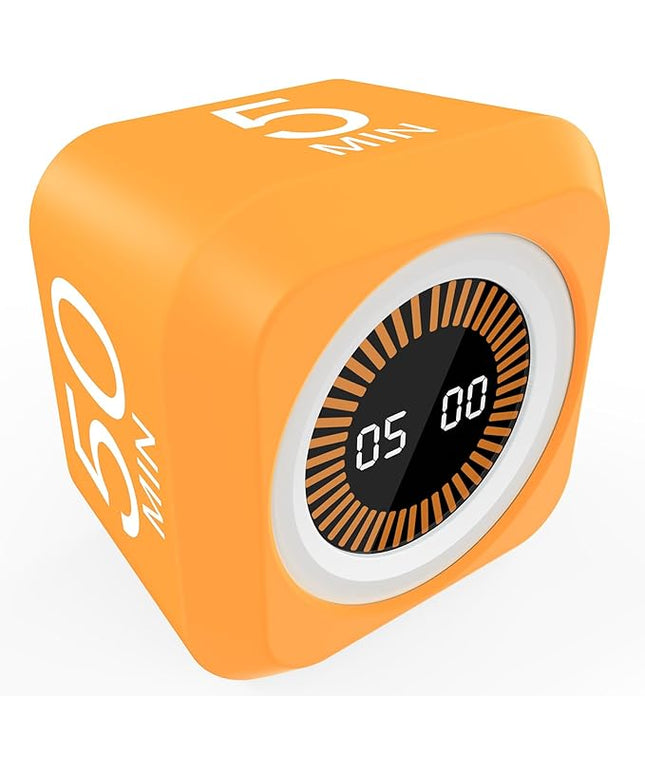 FCXJTU Rotating Cube Pomodoro Visual Timer 5, 25, 10 50 Minutes Preset, Rechargeable Desk Productivity Flip Custom Countdown Timer w/Silicone Cover, Silent Mode for ADHD Study, Work, School(Orange)
