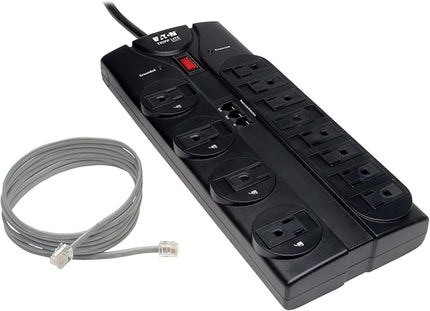 Eaton Tripp Lite TLP1208TEL Home Theater Surge Protector Power Strip, 12 Outlets, Flat Plug 8ft Extension Cord, 2160 Joules | RJ11 Port for Phone Land Line Protection