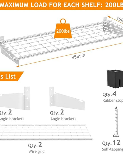 Wallmaster 2-Pack 15x45 Heavy Duty Garage Wall Shelving 45-inch-by-15-inch Wall Mount Garage Storage Rack Floating Shelves Max Load 400lb White