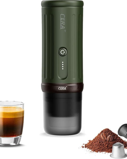 CERA+ Portable Espresso Machine 5-8 Cups per Charge, Self-Heating 20 Bar， NS Pods & Ground Coffee, CERApresso Electric Travel Coffee Maker for Outing, Working, Camping