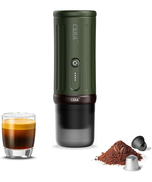 CERA+ Portable Espresso Machine 5-8 Cups per Charge, Self-Heating 20 Bar， NS Pods & Ground Coffee, CERApresso Electric Travel Coffee Maker for Outing, Working, Camping