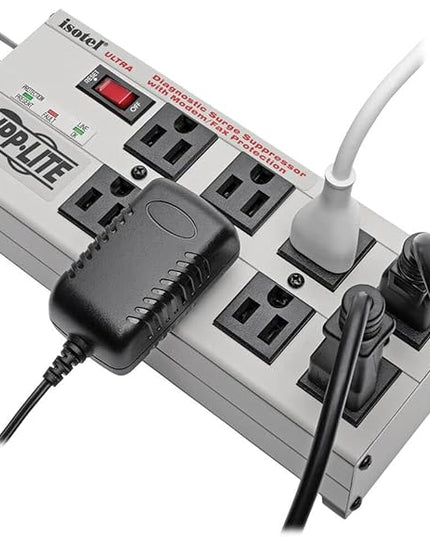 Tripp Lite Isobar 8 Outlet Surge Protector Power Strip, 12ft. Cord, Right Angle Plug, 3840 Joules, Diagnostic LEDs, Tel/Fax/Modem, Metal, (ISOTEL8 ULTRA) , Gray
