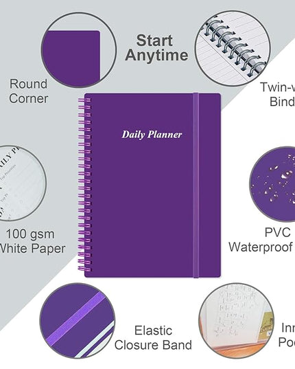 Daily Planner Undated - A5 To Do List Notebook Hourly Schedules, Spiral Appointment Planner for Women and Men, PVC Hardcover, Inner Pocket, Elastic Closure, 5.8" x 8.3", Purple
