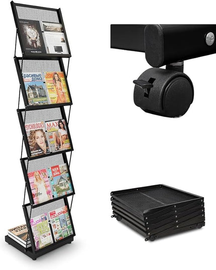 brochure display stand&Foldable Magazine Rack with 5 Pockets for Exhibition and Trade Show (17.7'X14.5'X63')