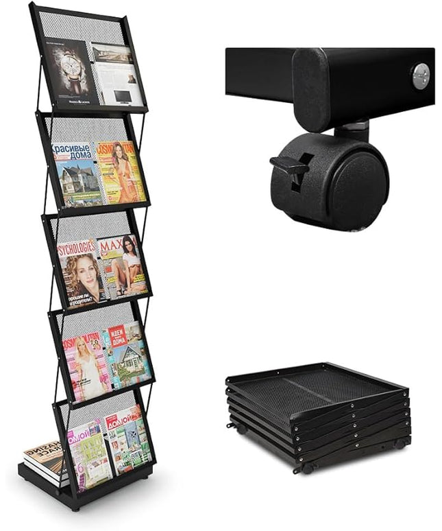 brochure display stand&Foldable Magazine Rack with 5 Pockets for Exhibition and Trade Show (17.7'X14.5'X63')