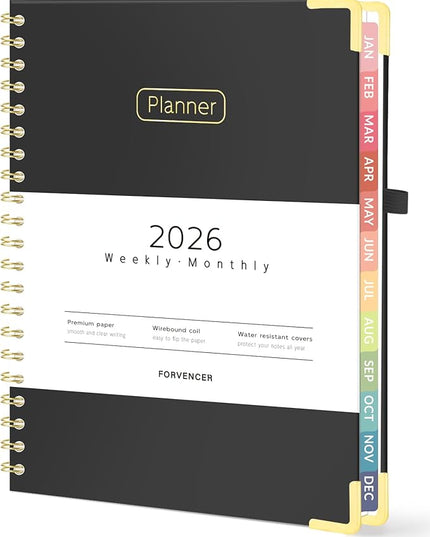 Forvencer 2026 Planner, Hardcover Calendar Planner Weekly and Monthly, Jan 2026 - Dec 2026, 8.5" x 11", Spiral Agenda Book with Tabs, Exquisite Daily Journal Organizer for Home School, Black