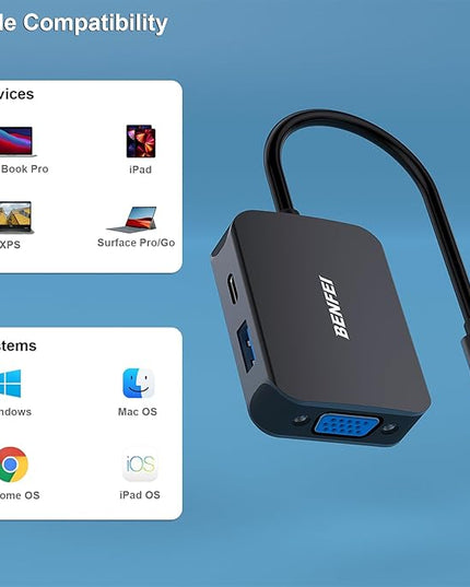 BENFEI USB C HUB 4in1, USB Type-C to HDMI VGA Adapter, USB C to USB Adapter, USB Type-C Power Delivery, Compatible with iPhone 15 Pro/Max, MacBook Pro/Air 2023, iPad Pro, iMac, S23, XPS 17