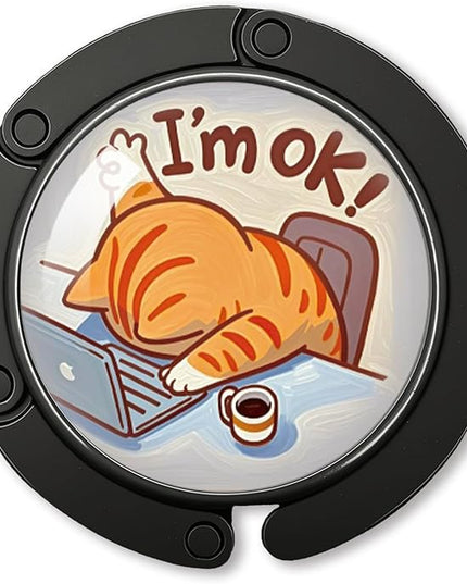YAZMEEN Working Cat Foldable Purse Hook for Table, I'm Ok, Women's Handbag Hanger Holder, Portable Purse Table Hanger, Funny Desk Hook Gifts for Women Employee Colleague Friend Boss Lady Cat Lovers