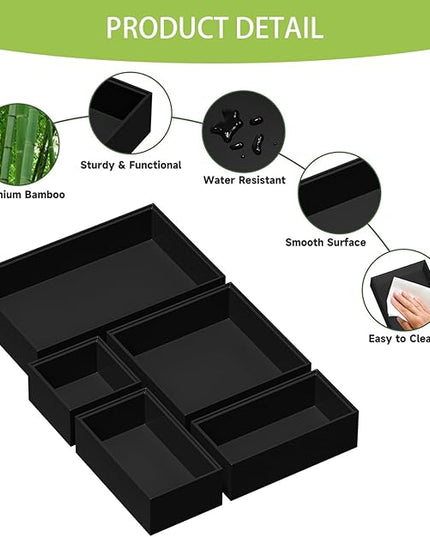 Bamboo Drawer Organizer Set, 5 PCS Multi-use Varied Sizes Junk Drawer Organizer Kitchen Storage Box for Office, Home, Bedroom, Bathroom, Black