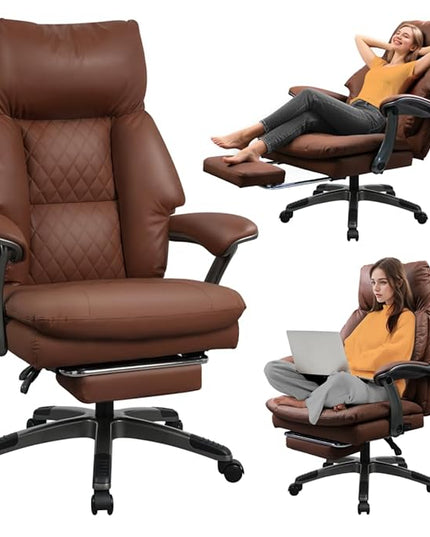 Leather Office Chair with Footrest, Reclining Desk Massage Chair with 3-Speed Cooling Seat (Ventilation) & Heated Lumbar, Big & Tall 400 lbs, Light Coffee