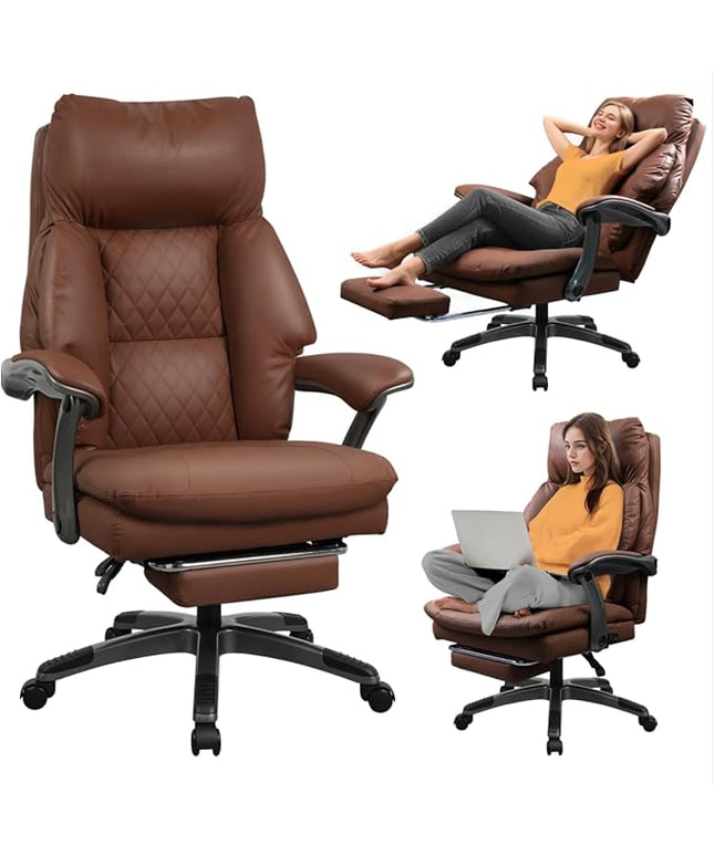Leather Office Chair with Footrest, Reclining Desk Massage Chair with 3-Speed Cooling Seat (Ventilation) & Heated Lumbar, Big & Tall 400 lbs, Light Coffee