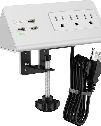Nightstand Edge Mount Power Strip with USB-C Ports Tabletop Surge Protector Desk Clamp Power Sockets with 3 AC Outlets &4 Fast Charging USB Ports for Home Office Hotel and Dormitory