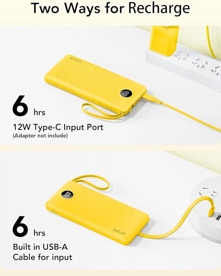 VRURC Portable Charger with Built-in Cables, 10000mAh LED Display USB C Power Bank, Slim Travel Battery Pack with 5 Output 2 Input Compatible with iPhone 17 16 15 13,Samsung,Android etc-Yellow(1 Pack)