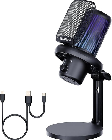 FEELWORLD VM1 Gaming PC USB Microphone Condenser Mic with Noise Cancellation Mute RGB Light, Computer Accessories Gifts for Gamer YouTube Twitch Podcast Streaming Recording Online Chat PS4 PS5