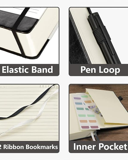 Lined Journal Notebook, 400 Pages Thick Journal for Writing, A5 Hardcover Leather Notebook with 100Gsm College Ruled Paper for Women Men Work Note taking, 5.8" x 8.4", Black