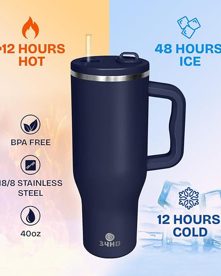 34HD 40 oz Stainless Steel Tumbler - Leakproof Insulated Water Bottle with Handle, Magnetic Lid and Flexible Straw - Iced for 48 Hours – Perfect for Men, Women, Birthday Gift, Navy - Deep Sea Blue