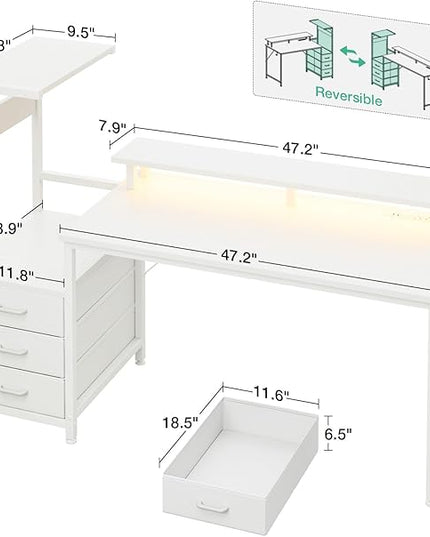AODK 59 Inch Gaming Desk with USB Charging Ports & LED Light- Reversible Computer Desk with Storage Shelves & Monitor Stand, Modern Gamer Desk Table with Fabric Drawers & Side Hook, Carbon Fiber White