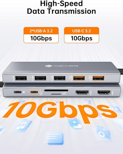 NOVOO USB C Docking Station Dual Monitor, 12-in-1 USB C Hub with HDMI 4K, VGA, USB 10Gbps, SD/TF, 100W PD, Multiport Adapter Compatible with MacBook Dell HP Surface