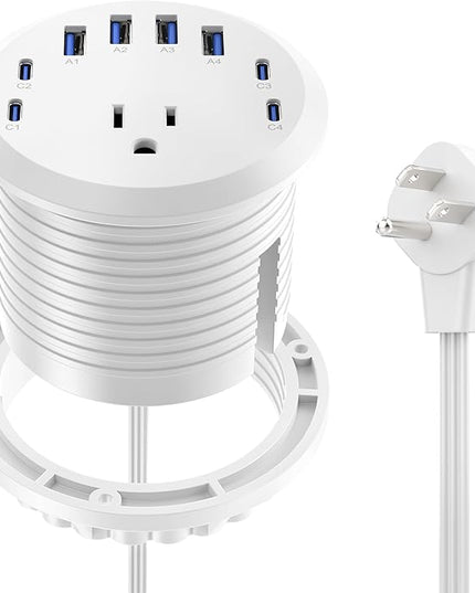 Jgstkcity 65W USB-C Hidden Desktop Power Grommet: 1 AC Outlet,8 USB Charging Ports,3'' Hole Flush Mount Pop-Up Power for Conference Tables & Nightstands (Whtie, 6 FT)