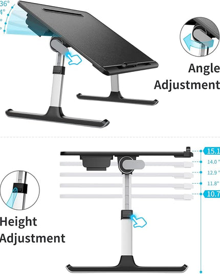 Laptop Bed Tray Desk, SAIJI X-Large Adjustable Laptop Table, Foldable Laptop Desk with Storage Drawer and Bookstand for Eating, Working, Writing, Gaming, Drawing (Black)