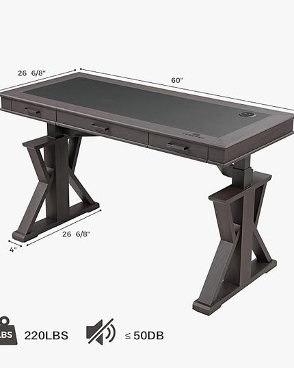 EUREKA ERGONOMIC Leather Standing Desk, 60 inch Executive Desk with Drawers,Modern Oak Grain X-Shaped Leg Sit Stand Desk, Charge Power Outlet Luxury Home Office Computer Desk