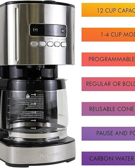 Kenmore Drip Coffee Maker - 12 Cup Programmable Cafe Machine With Glass Pot, Regular & Bold Brew, Auto Shut Off Large Water Reservoir, Reusable Filter, Kitchen Appliances, Black